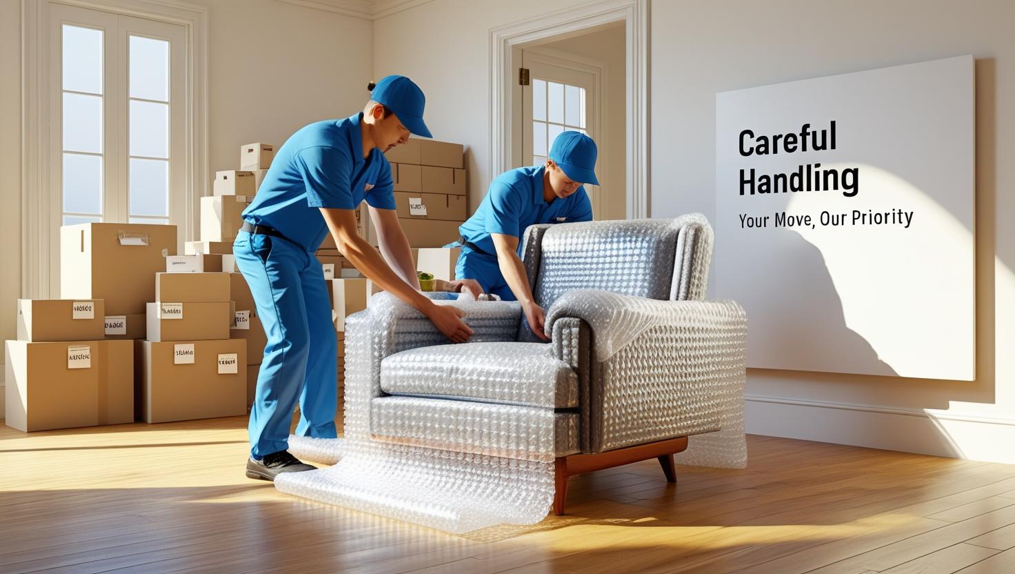 bright and clean scene of movers carefully wrapping furniture in bubble wrap, labeled boxes stacked nearby, with an elegant text panel on the right showing