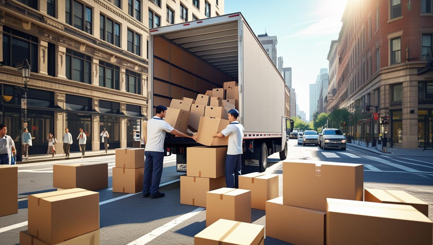bright city street with movers unloading