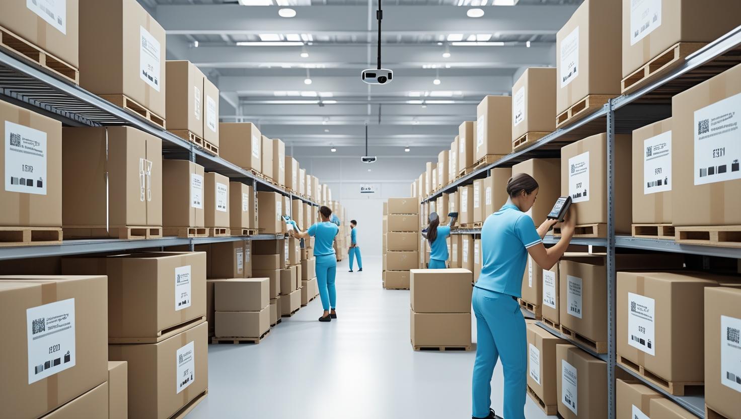 clean indoor warehouse with neatly stacked labeled boxes, surveillance cameras visible, staff organizing shelves