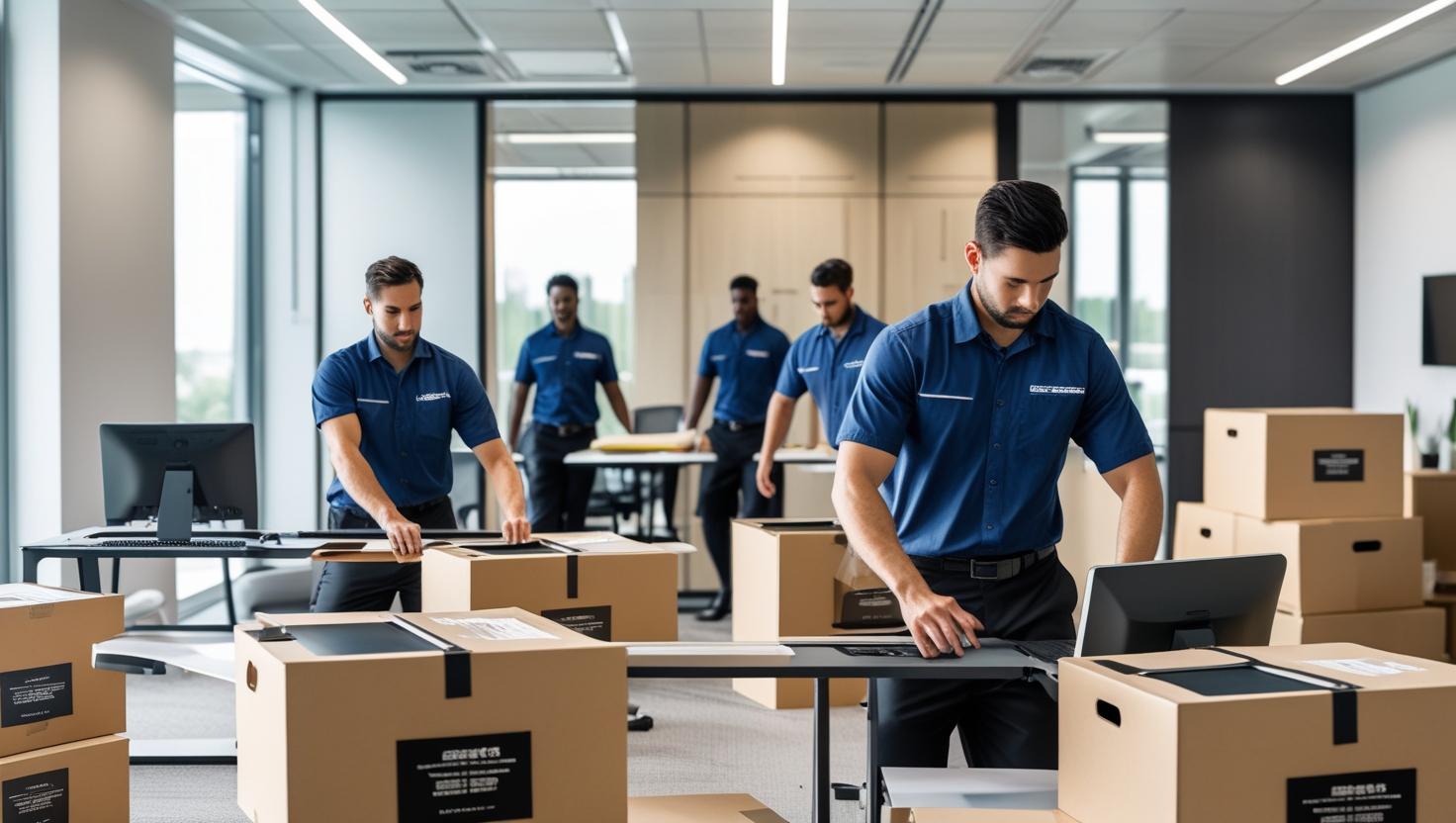 professional office packers disassembling desks, packing computers and files in boxes inside a corporate office